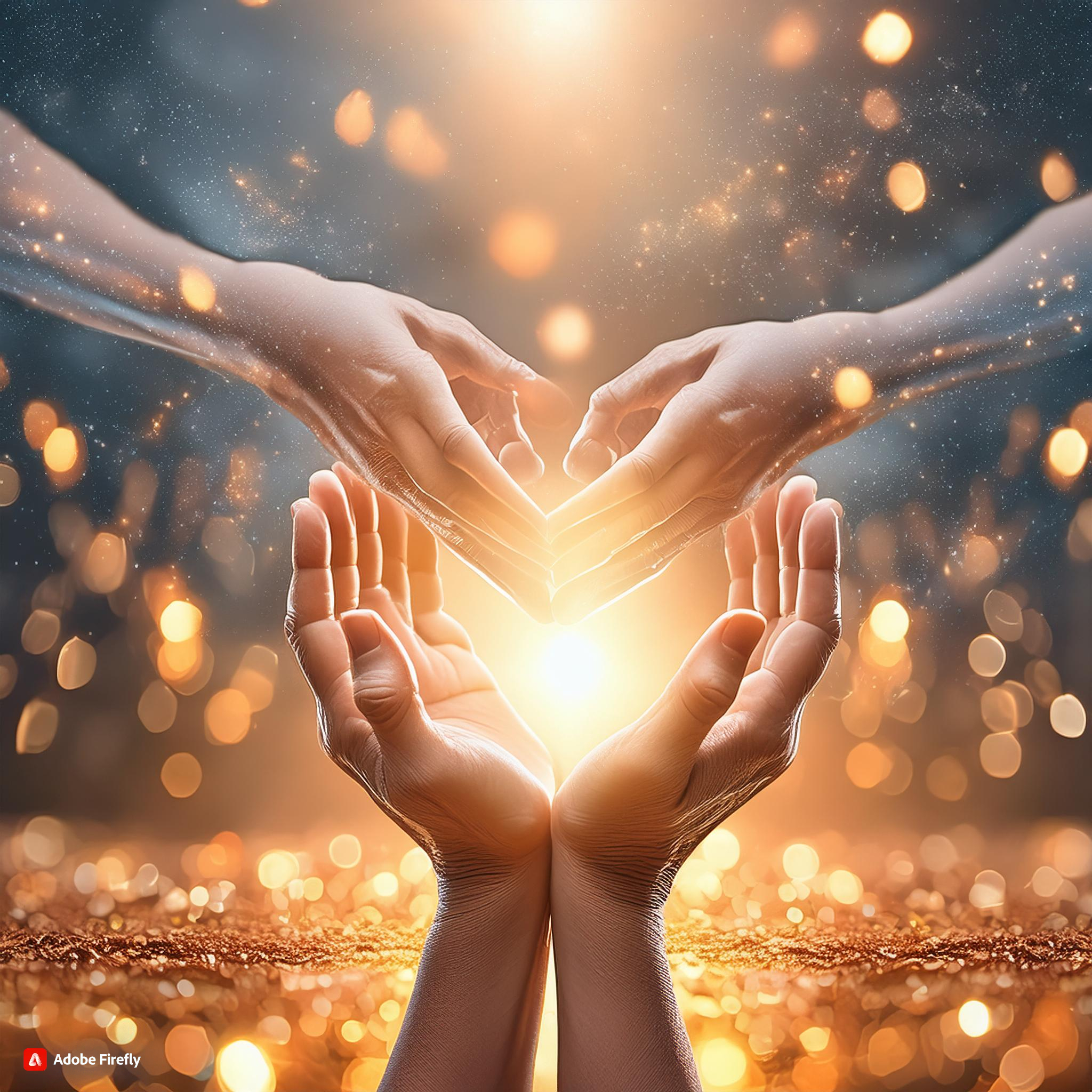Soul Healing es werden Hände dargestellt, die einen Energieaustausch symbolisieren in Form von Licht