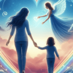 Seelenkommunikation Das Bild Zeig eine Mutter, die ihr Kind über die Regenbogenbrücke begleitet, wo bereits ein Engel auf das Kind wartet.