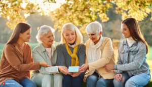 Alte Muster loslassen Es sind ältere Frauen sichtbar, die über einen Zettel gebeugt miteinander sprechen.