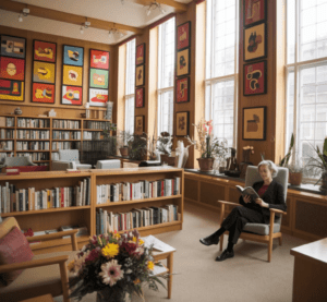 freie Zeit eine Frau sitzt auf einem Stuhl in einem großen Raum, der voller Bücher und Bilder ist. Durch die großen Fenster kommt helles Tageslicht hinein.