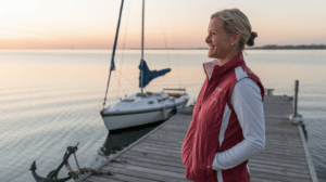 Stabilität Eine Frau, mittleren Alters, in legerer sportlicher Kleidung steht auf einem Steg, neben dem Steg liegt eine Segelboot und ein Anker ist sichtbar.