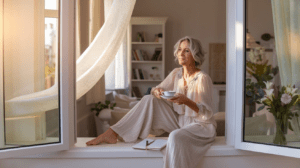 neue Freiheit Eine ca. 45-jährige Frau sitzt entspannt auf einer Fensterbank und schaut raus.