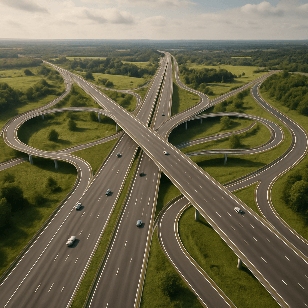 Autobahnkreuz Lebensphasen<br />
Es ist ein Autobahnkreuz mit vielen Abzweigungsmöglichkeiten zu sehen.