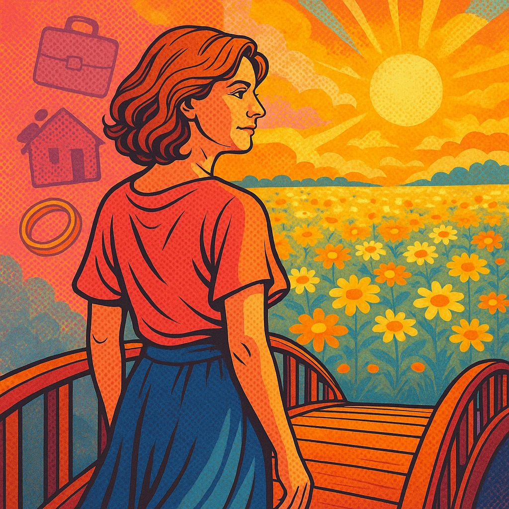 Neubeginn Frauen45+ Neubeginn für Frauen 45+<br />
Eine im PopArt-Style stilistisch dargestelle Frau geht über eine Brück hin zu einer Blumenwiesen. Schemenhaft sind eine Aktentasche, ein Haus und ein Ring dargestellt.