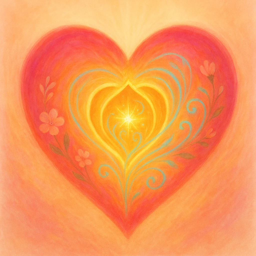 Bild 5. Herzkammer Die fünfte Herzkammer<br />
Meditation fünfte Herzkammer Ein Bild in Herzform das von orange zu rot und in der mitte zu einem klaren Kristall chargiert.