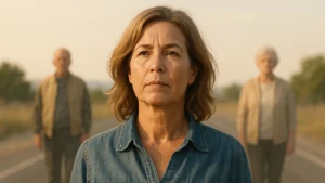 Aus alten Familienmustern ausbrechen Frau um die 50 steht auf leerer Straße, der Blick nach vorn – im Hintergrund verblassen Elternfiguren. Symbol für Befreiung von Familienprägung.