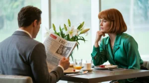 Beziehungsmuster durchbrechen ein Paar sitzt am Esstisch. Er liest in einer Zeitung sie schaut aus dem Fenster