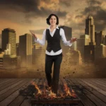 alte Schuhe passen nicht mehr Eine Frau, leger gekleidet, schreitet über eine Feuerfläche