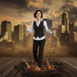 alte Schuhe passen nicht mehr Eine Frau, leger gekleidet, schreitet über eine Feuerfläche