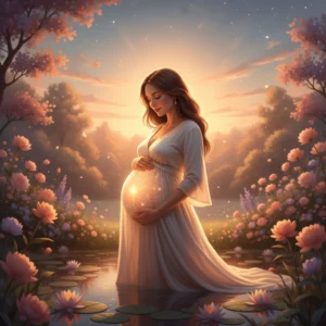 Pränatale Prägungen Eine hochschwangere Frau wird in einem mystischen Garten voller Blumen und Lotusblumen wird gezeigt. Die Frau steht im Logusblumenteich