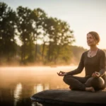 Urvertrauen Eine Frau sitzt auf einem Stein und meditiert am Wasser