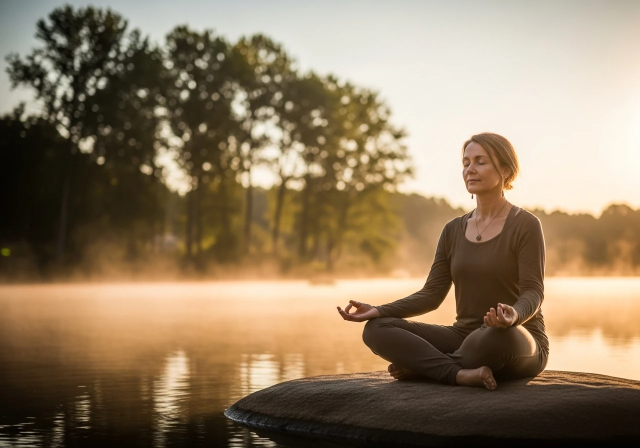 Blog 9 KW 39 Urvertrauen Eine Frau sitzt auf einem Stein und meditiert am Wasser