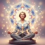 vorgeburtliche Prägung vorgeburtliche Muster Eine Businessfrau sitzt auf einem Kissen in meditativer Haltung. Um sie herum ist eine Lichtkreis aus Kristallen