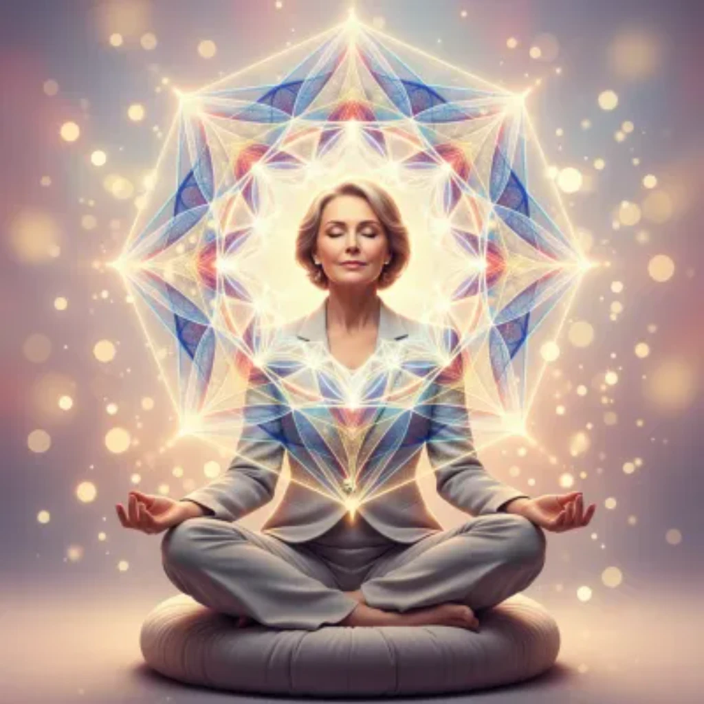 vorgeburtliche Prägung vorgeburtliche Muster Eine Businessfrau sitzt auf einem Kissen in meditativer Haltung. Um sie herum ist eine Lichtkreis aus Kristallen