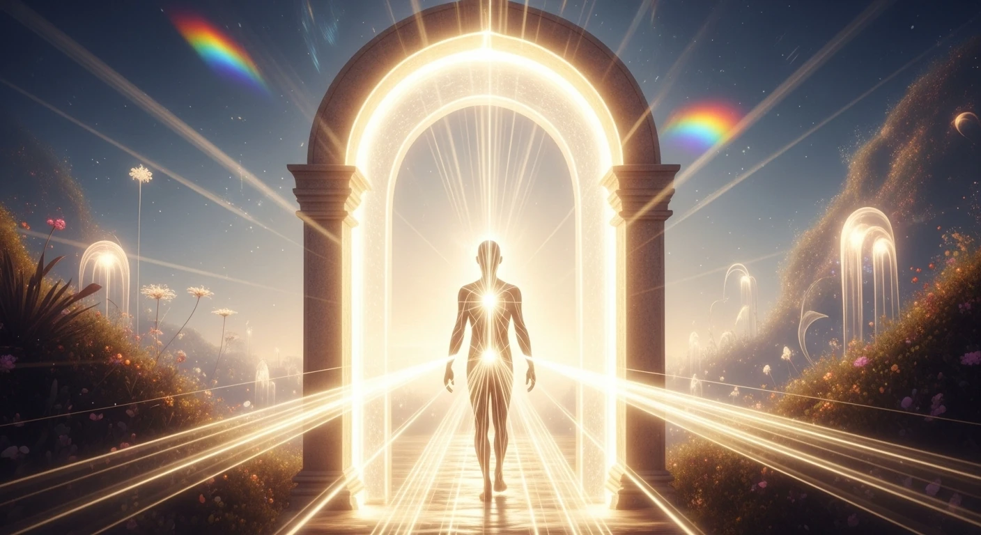 alte Muster erkennen. Eine Frau schreitet durch eine lichtdurchflutete Tür und betritt ihr neues Leben.<br />
Divine Blessing zum größten Wohle aller in Liebe, fRieden, Harmonie und Freiheit