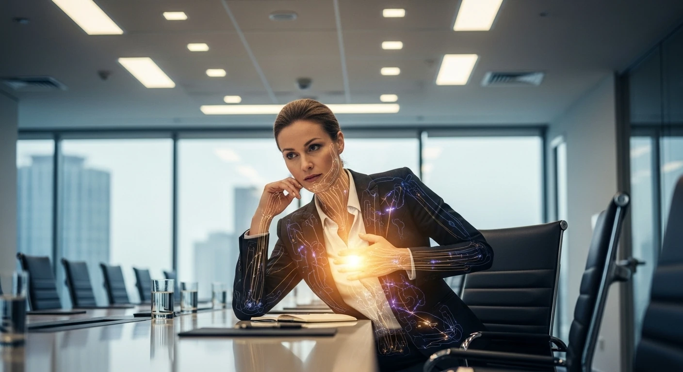 alte Muster erkennen. Eine Frau sitzt an einem Konferenztisch. Sie ist in Businesskleidung dort und doch strahlt aus ihrem Herzen ein klares Licht.<br />
Zum größten Wohle aller in Liebe, Frieden, Harmonie und Freiheit.