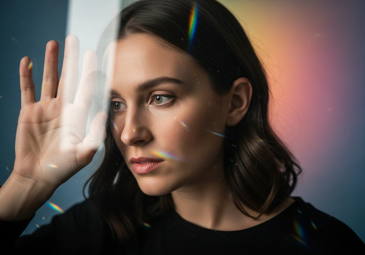 Frau_vor_unsichtbarer_Barriere1 innere Blockaden lösen es wird eine Frau gezeigt, die eine Hand vor ihrem Gesicht hält. Divine Blessing zum höchsten Wohle aller für Liebe, Frieden, Harmonie und Freiheit