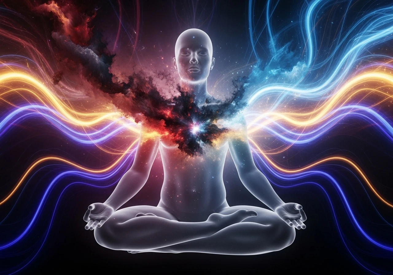 alte Muster lösen<br />
Eine meditierende Frau sitzt im Lotussitz und von ihr gehen aus der Höhe des Herzens Lichtwellen aus.<br />
Zum größten Wohle aller in Liebe, Frieden, Harmonie und Freiheit.