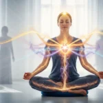 alte Muster erkennen es wird eine meditierende Person dargestellt aus deren Herz ein Licht strömt. Zum größten Wohle aller bringt es Liebe, Frieden, Harmonie und Freiheit.