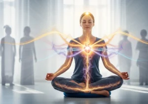 alte Muster erkennen es wird eine meditierende Person dargestellt aus deren Herz ein Licht strömt. Zum größten Wohle aller bringt es Liebe, Frieden, Harmonie und Freiheit.