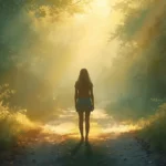 Transgenerationale Muster erkennen. Eine Frau steht im gefilterten Licht auf einem Waldweg. Zum Wohle aller für Liebe, Frieden, Harmonie und Freiheit mit göttlichem Seegen, Eure Marlies JC Reimers