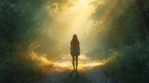 Transgenerationale Muster erkennen. Eine Frau steht im gefilterten Licht auf einem Waldweg. Zum Wohle aller für Liebe, Frieden, Harmonie und Freiheit mit göttlichem Seegen, Eure Marlies JC Reimers