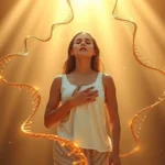 Frau in Meditation mit goldenen Lichtwellen symbolisiert zelluläre Erinnerung und Ahnenverbindung Divine und Tao Blessing zum höchsten Wohle aller in Liebe, Frieden, Harmonie und Freiheit, Eure Marlies JC Reimers