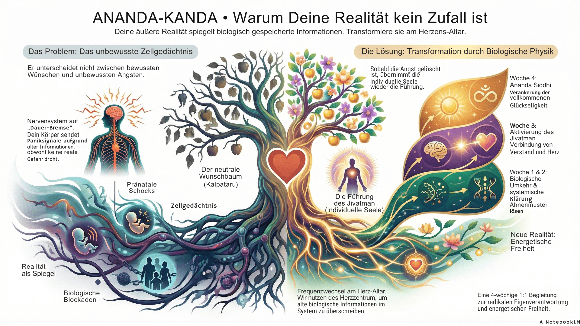 Zellgedächtnis Grafische Darstellung des ANANDA-KANDA Wunschbaums der Realität manifestiert statt Zufall (Bild mit KI erzeugt). Zum höchsten Wohle aller Divine und Tao Blessing für Liebe, Frieden, Harmonie und Freiheit