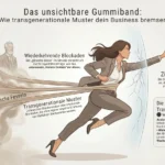 Infografik visualisiert transgenerationale Muster als Gummiband-Effekt: Eine Unternehmerin strebt zum Erfolg, wird aber von unsichtbaren Ahnenmustern zurückgehalten. Diese Infografik wurde mit KI erstellt. Zum höchsten Wohle aller Divine und Tao Blessing: Liebe, Frieden, Harmonie, Freiheit