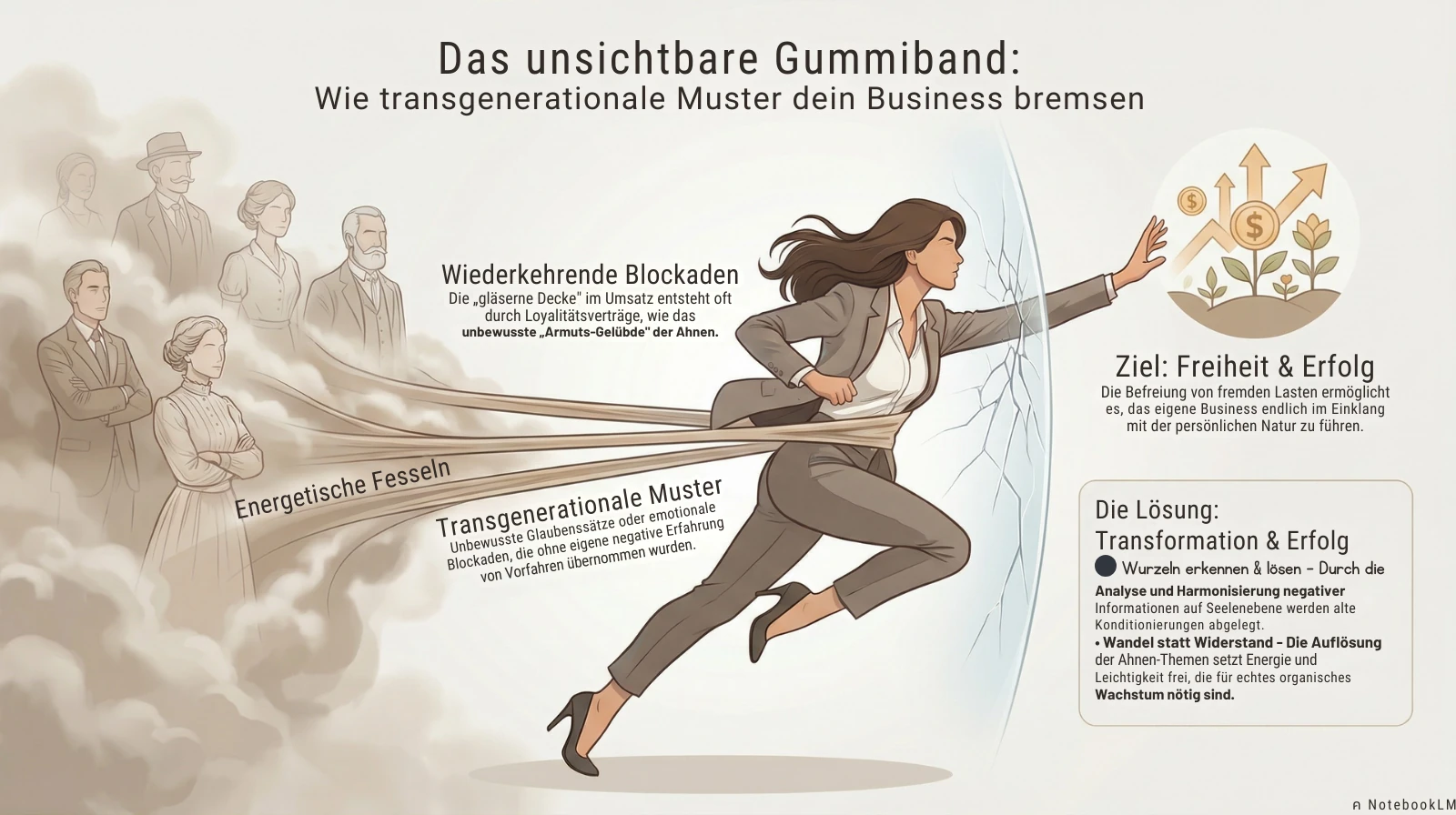 Infografik visualisiert transgenerationale Muster als Gummiband-Effekt: Eine Unternehmerin strebt zum Erfolg, wird aber von unsichtbaren Ahnenmustern zurückgehalten. Diese Infografik wurde mit KI erstellt. Zum höchsten Wohle aller Divine und Tao Blessing: Liebe, Frieden, Harmonie, Freiheit