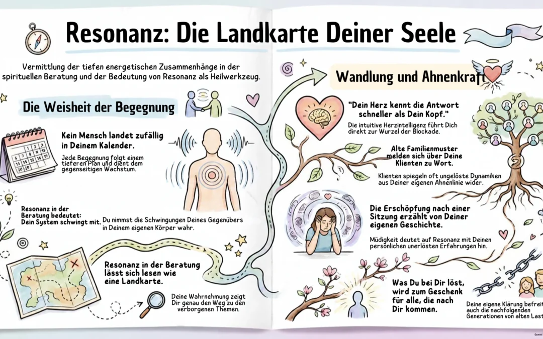 Resonanz in der Beratung: Infografik zeigt, wie Erschöpfung nach einer Sitzung auf eigene ungelöste Muster hinweist. Zum Höchsten Wohle aller mit Divine und Tao Blessing für Liebe, Frieden, Harmonie und Freiheit.