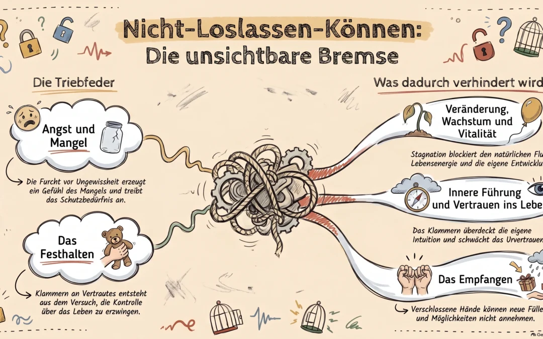 eine graphische Darstellung des Themas nicht-loslassen-können Zum höchsten Wohle aller mit Divine und Tao Blessing für Liebe, Frieden, Harmonie und Freiheit