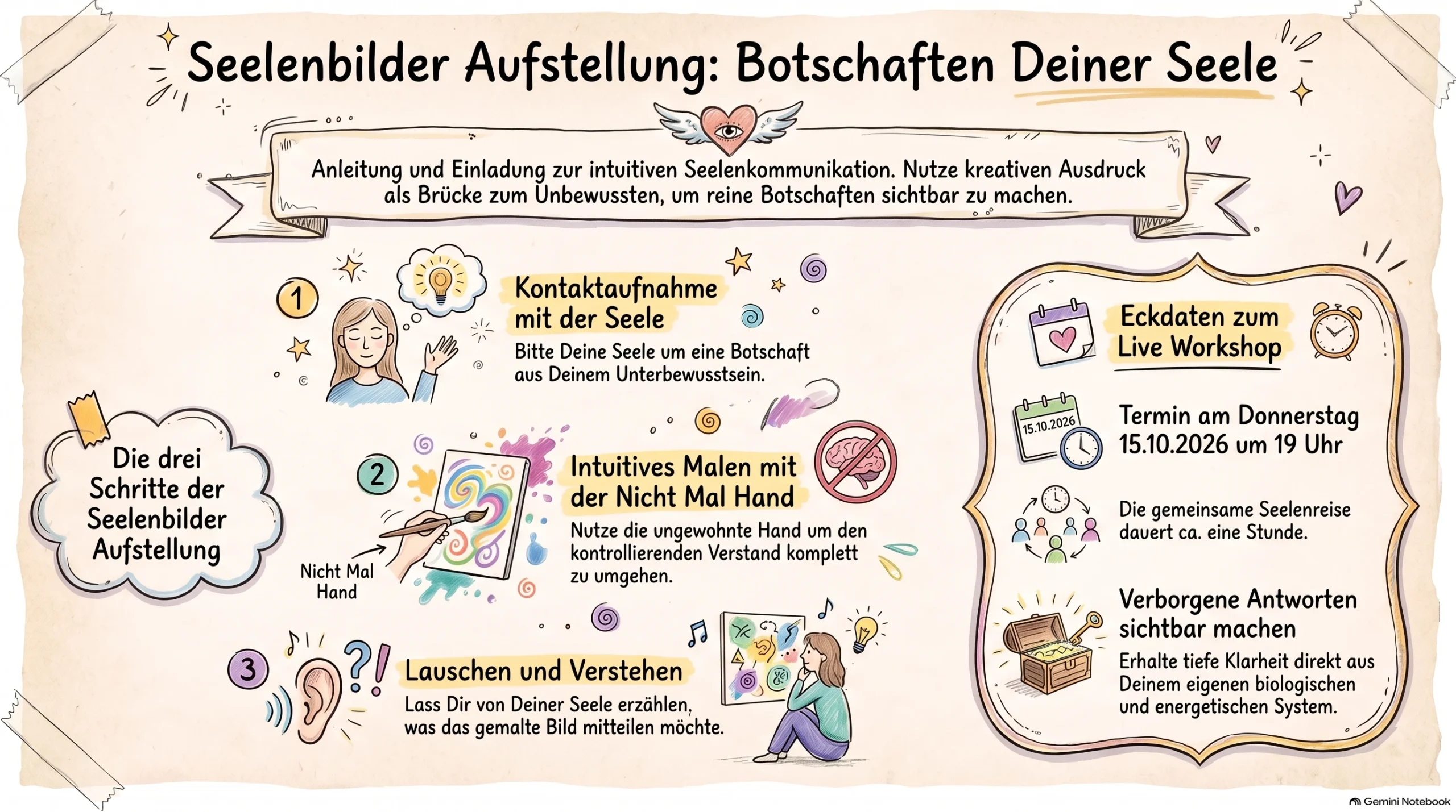 Eine graphische Darstellung, was Du durch eine Seelenbilder-Aufstellung im Kurs erlöst. Seelenbilder-Aufstellung Kurs. Zum höchsten Wohle aller mit Divine und Tao Blessing für Liebe, Frieden, Harmonie und Freiheit.